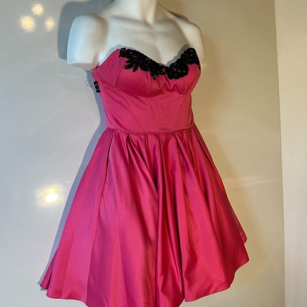 Angela & Alison SZ 0 Hot Pink satin dress black beading party formal prom retro - Picture 3 of 11